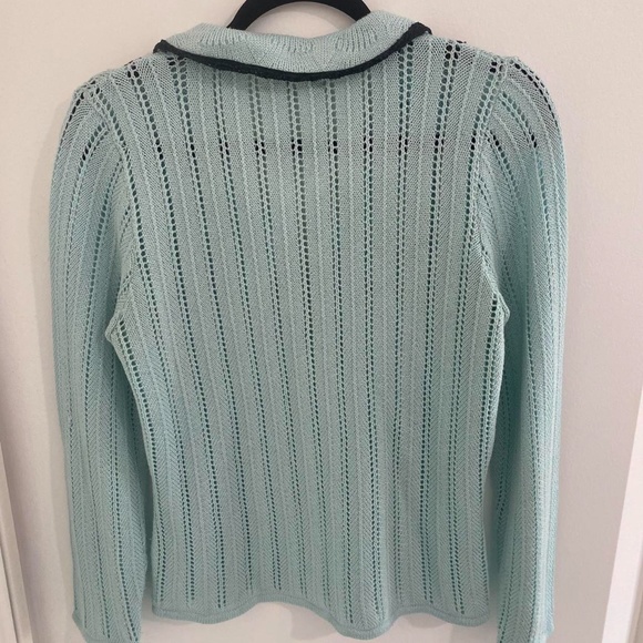 vintage teal cardigan knit sweater with zipper and black lined collar - Picture 2 of 4